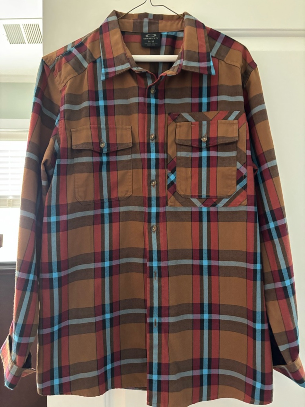 Oakley Men's Brown Plaid Button-Down Shirt with Blue and Red Stripes